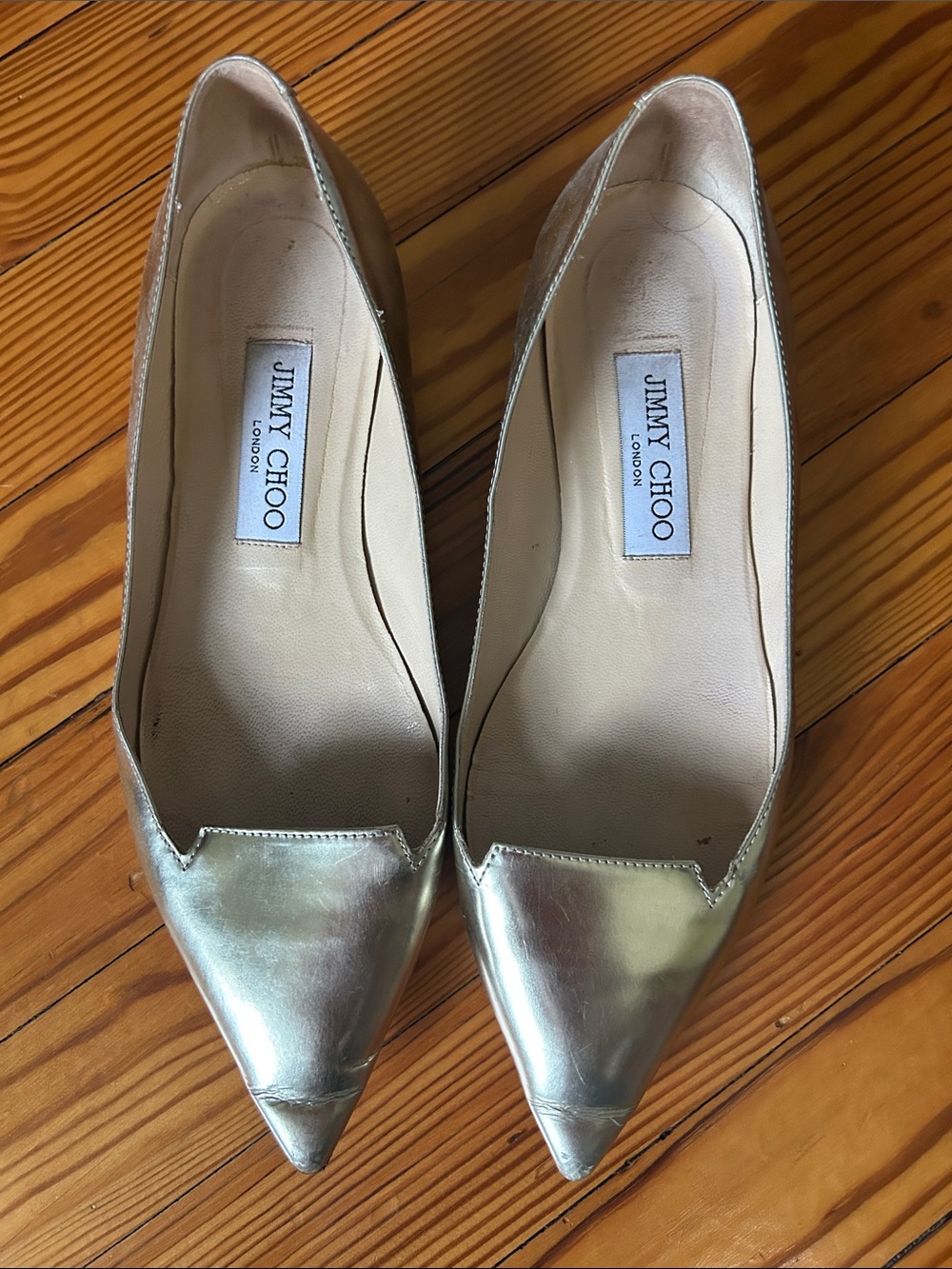 Jimmy Choo Gold Pointed Toe Flats 37